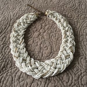 Fun white beaded woven necklace w gold rhinestone